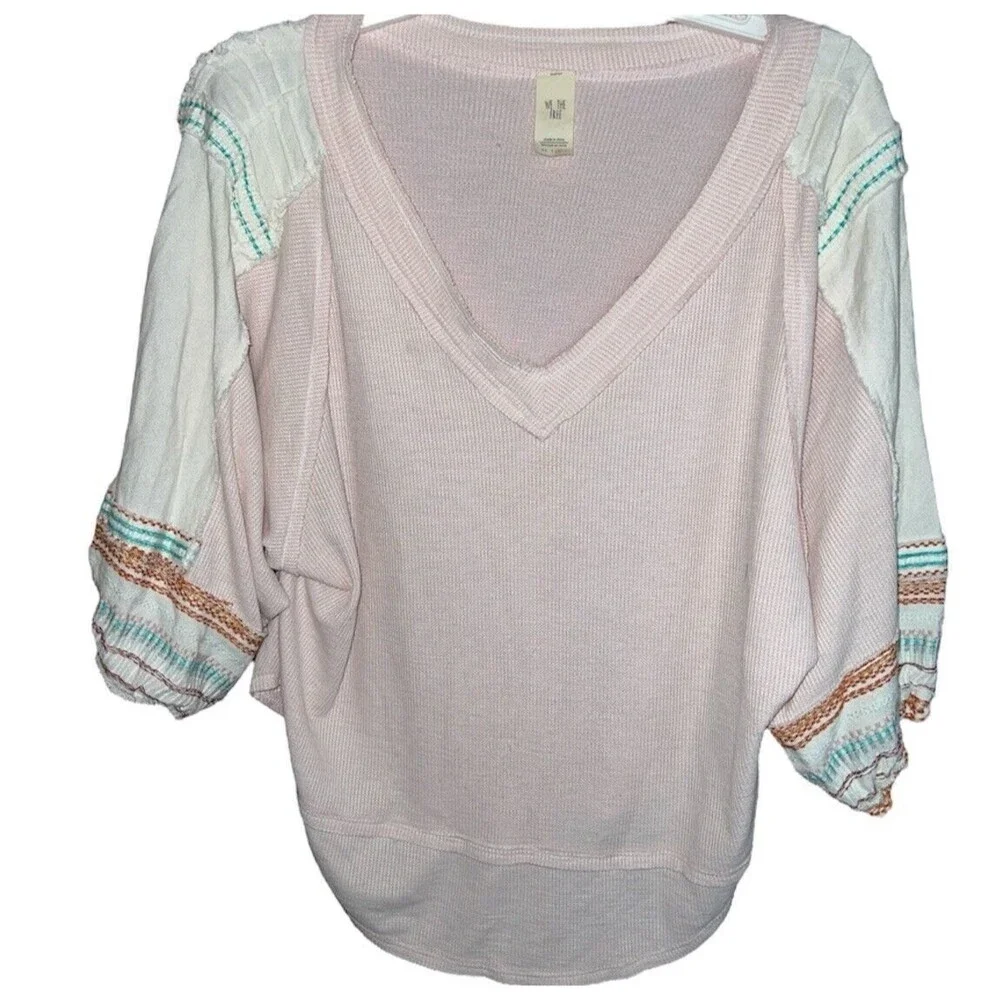 Free People Shirt Womens M Bubble Tee Tops Blouson puff Sleeves embroidered Pink